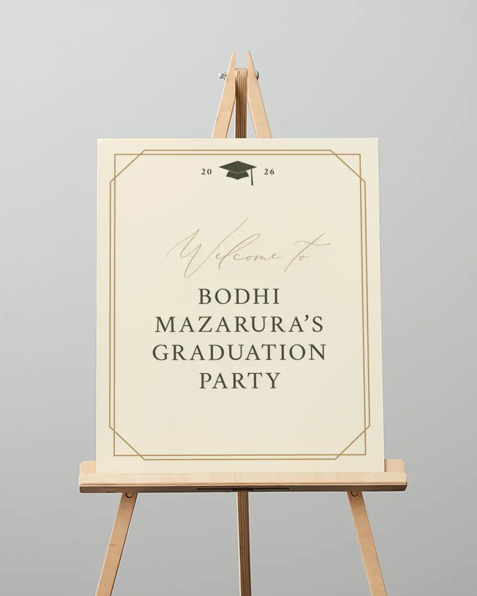 This is a 16" x 20" Welcome Grad Sign called Mature Minimalist printed in full color