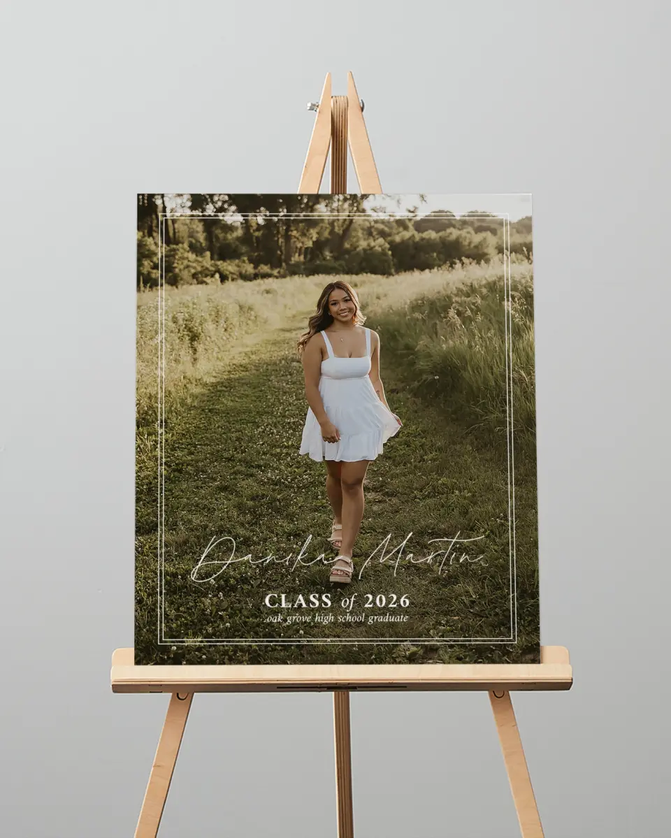 This is a 16" x 20" Welcome Grad Sign called Monumental Moment printed in full color