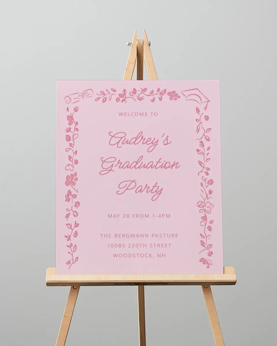This is a 16" x 20" Welcome Grad Sign called Happily in Bloom printed in full color with Silver foil