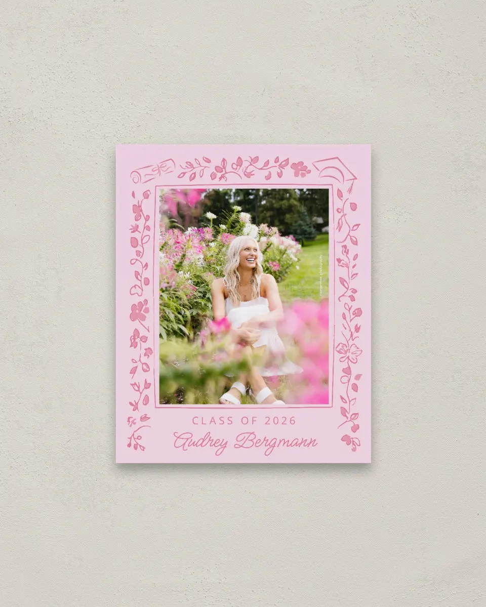 This is a 16" x 20" Welcome Grad Sign called Happily in Bloom printed in full color with Gold foil