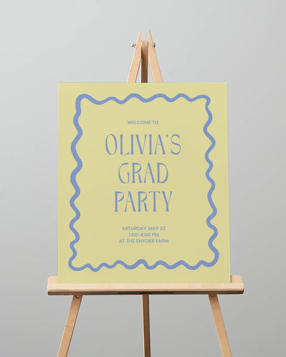This is a 16" x 20" Welcome Grad Sign called Funky Colorful Cute printed in full color with Silver foil