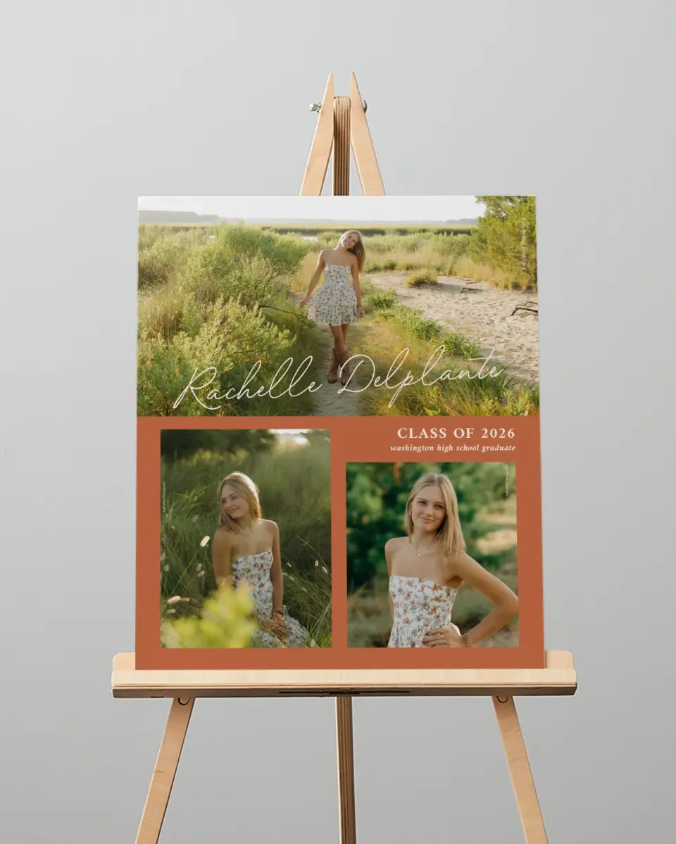 This is a 16" x 20" Welcome Grad Sign called Wholesome Grad printed in full color with Rose Gold foil