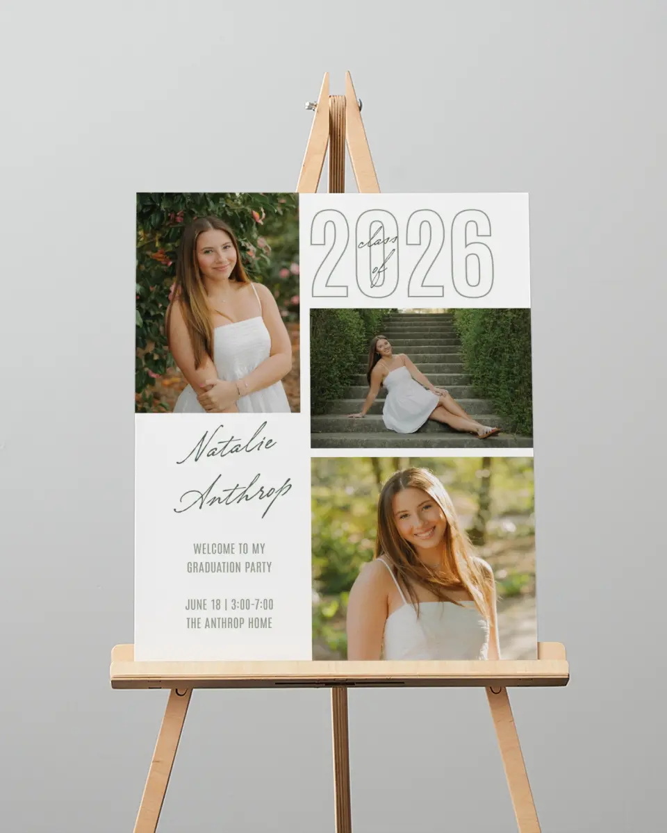This is a 16" x 20" Welcome Grad Sign called Shining Brilliance printed in full color with Gold foil