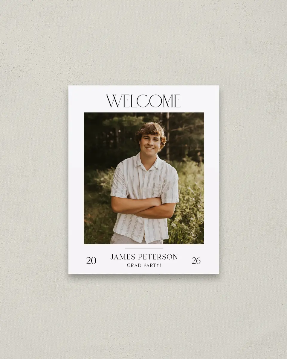 This is a 16" x 20" Welcome Grad Sign called Most Classic printed in full color with Gold foil