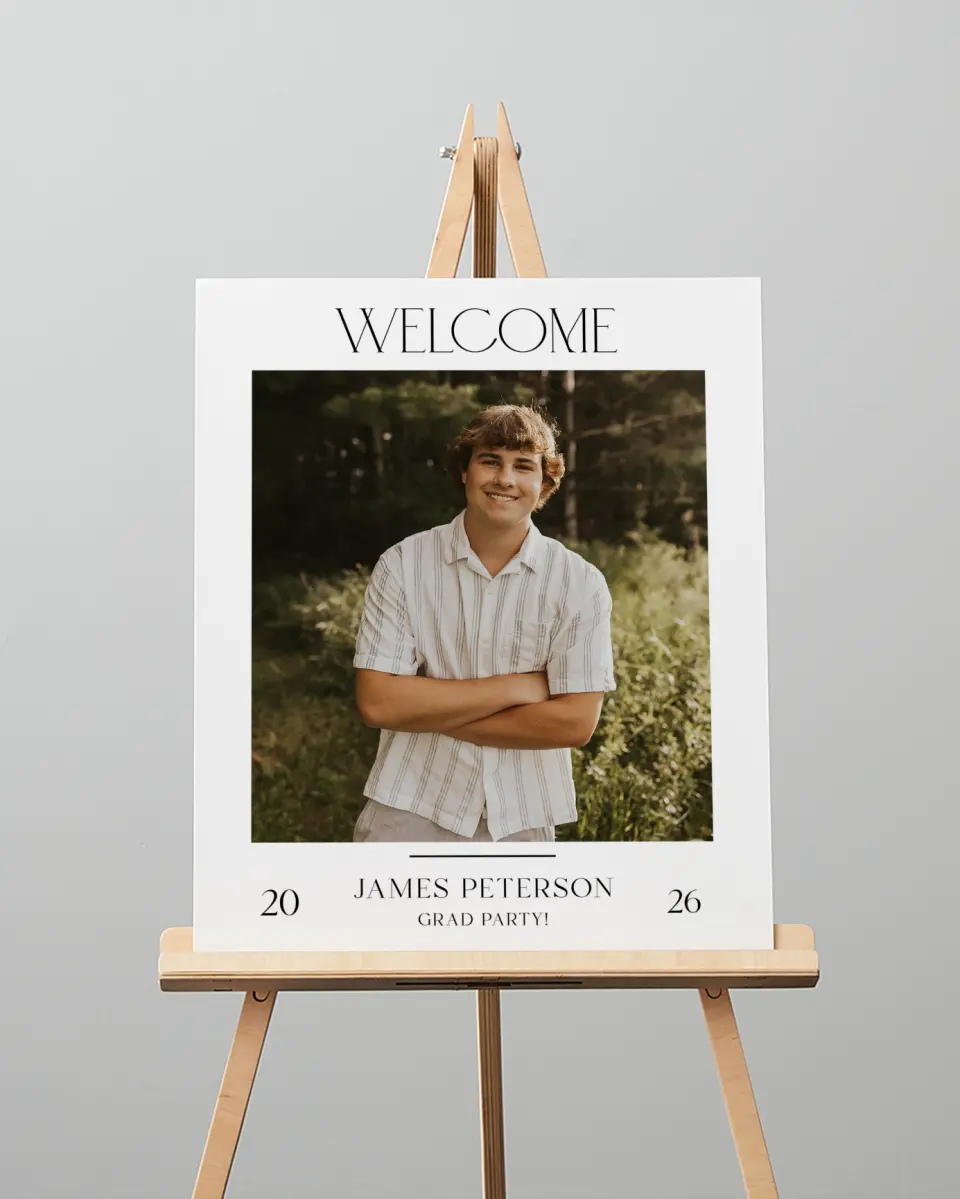 This is a 16" x 20" Welcome Grad Sign called Most Classic printed in full color with Gold foil