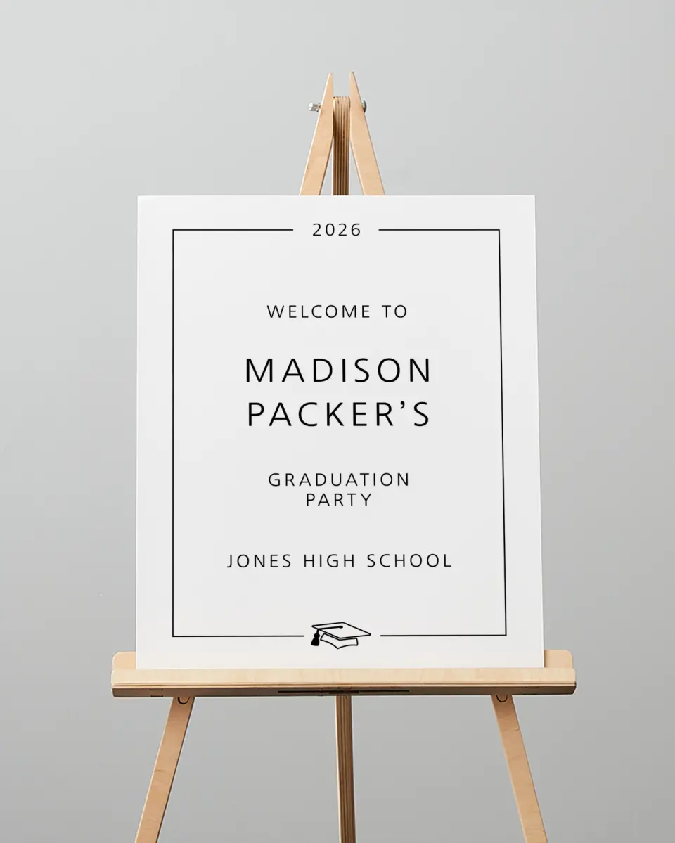 This is a 16" x 20" Welcome Grad Sign called Modern Grad printed in full color