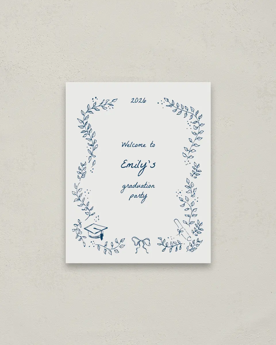 This is a 16" x 20" Welcome Grad Sign called Whimsical Grad printed in full color