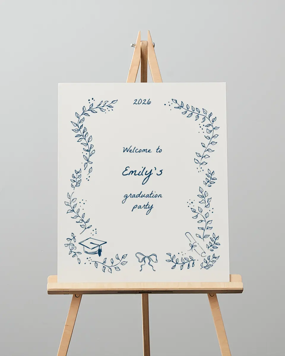 This is a 16" x 20" Welcome Grad Sign called Whimsical Grad printed in full color