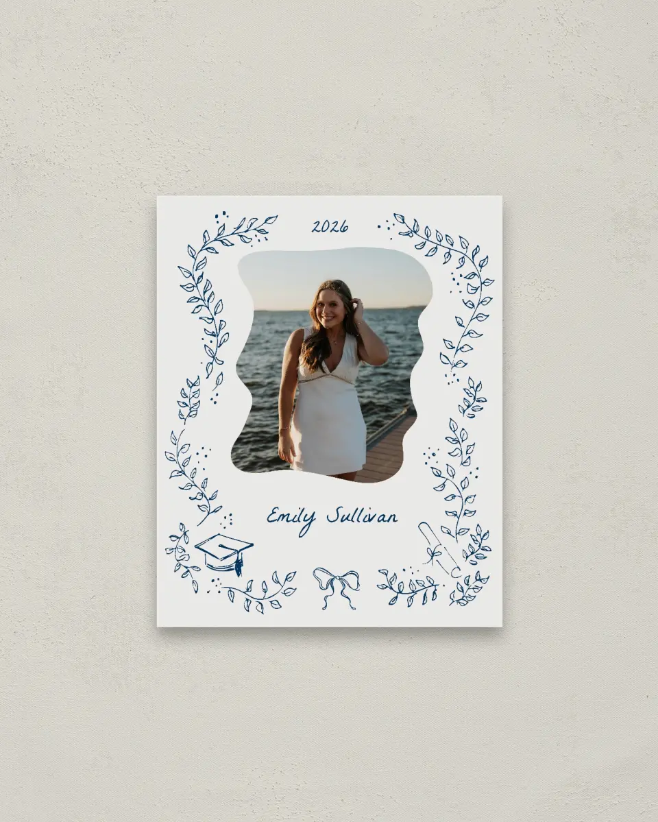 This is a 16" x 20" Welcome Grad Sign called Whimsical Grad printed in full color with Gold foil