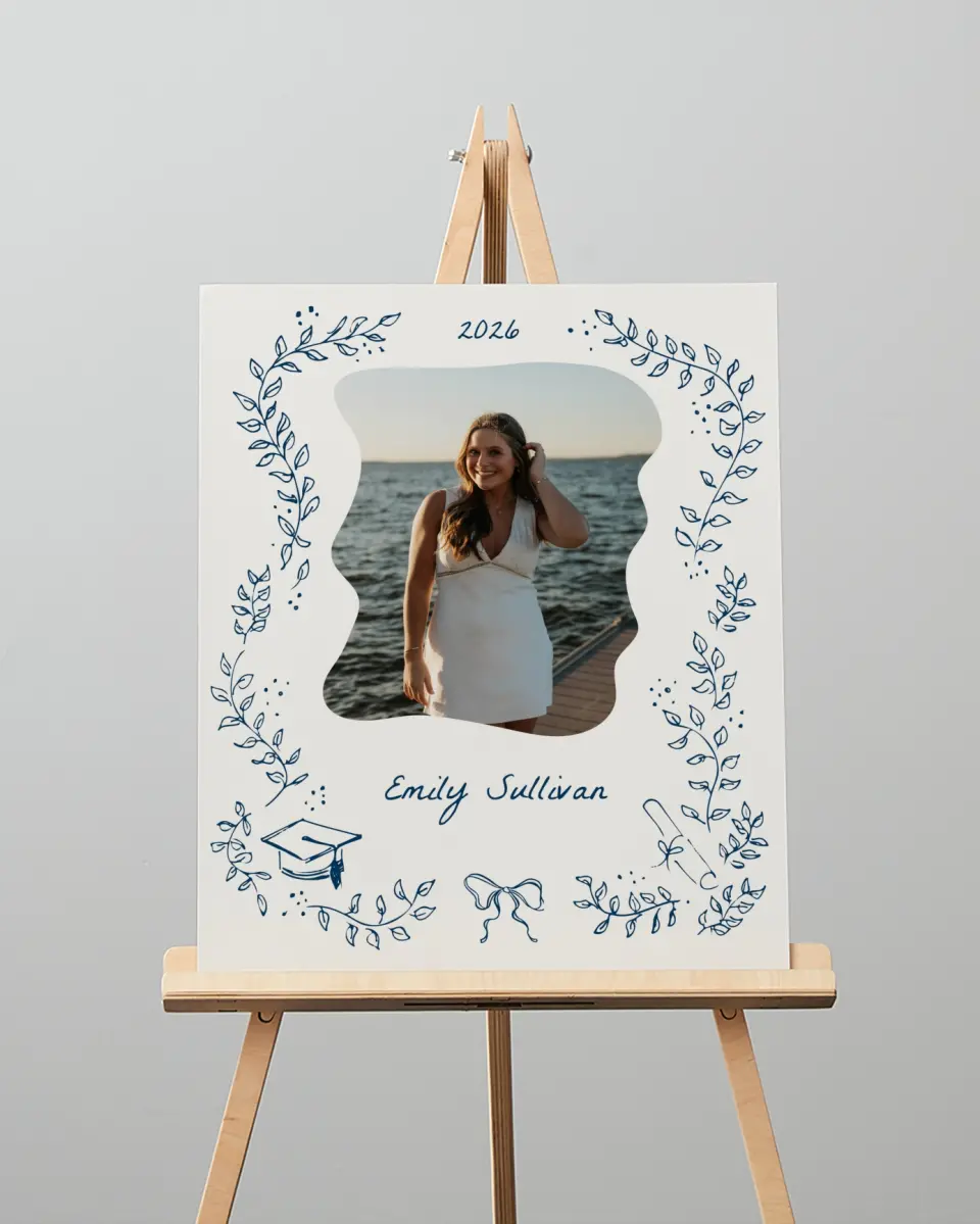 This is a 16" x 20" Welcome Grad Sign called Whimsical Grad printed in full color with Gold foil