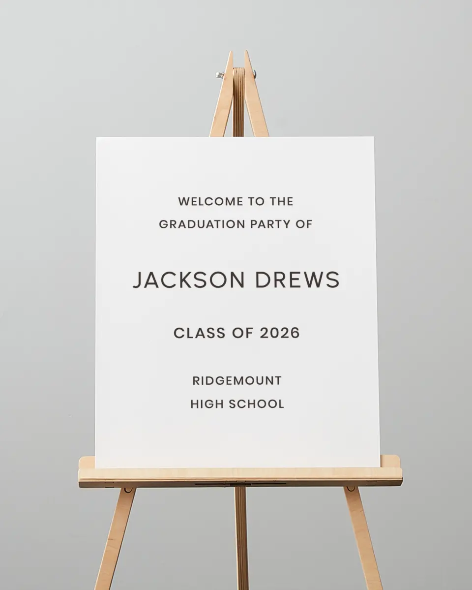 This is a 16" x 20" Welcome Grad Sign called Simple Graduate printed in full color