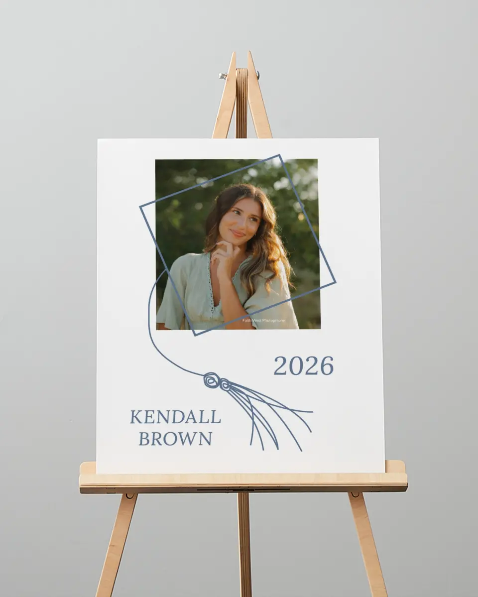 This is a 16" x 20" Welcome Grad Sign called Graduation Art printed in full color with Gold foil