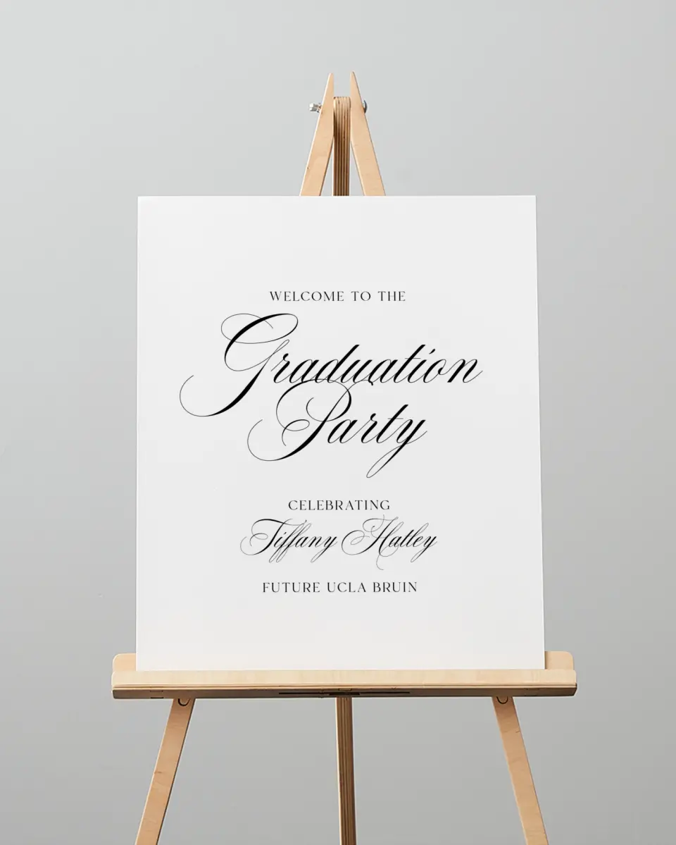 This is a 16" x 20" Welcome Grad Sign called Graduate Script printed in full color