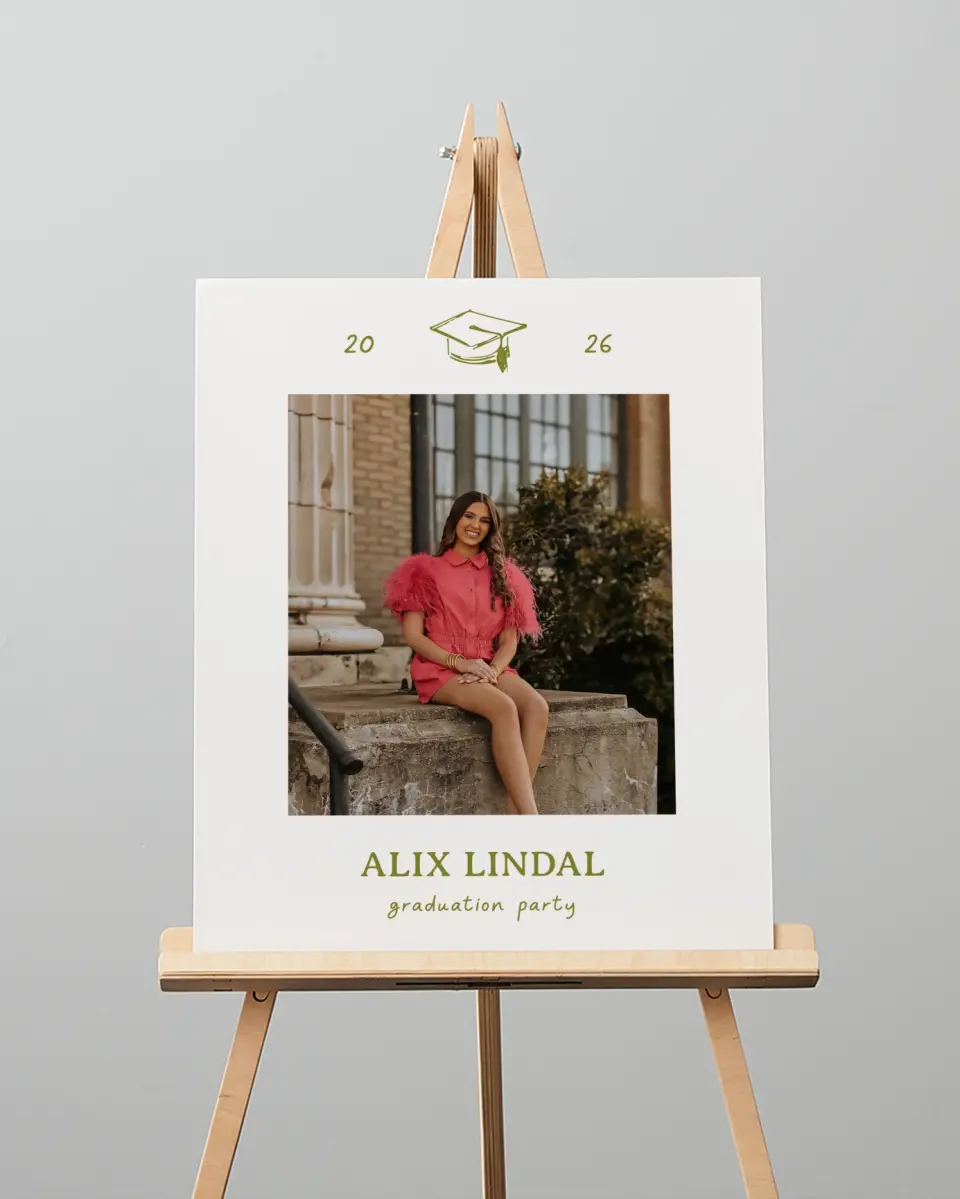 This is a 16" x 20" Welcome Grad Sign called Grad Frame Art printed in full color with Gold foil