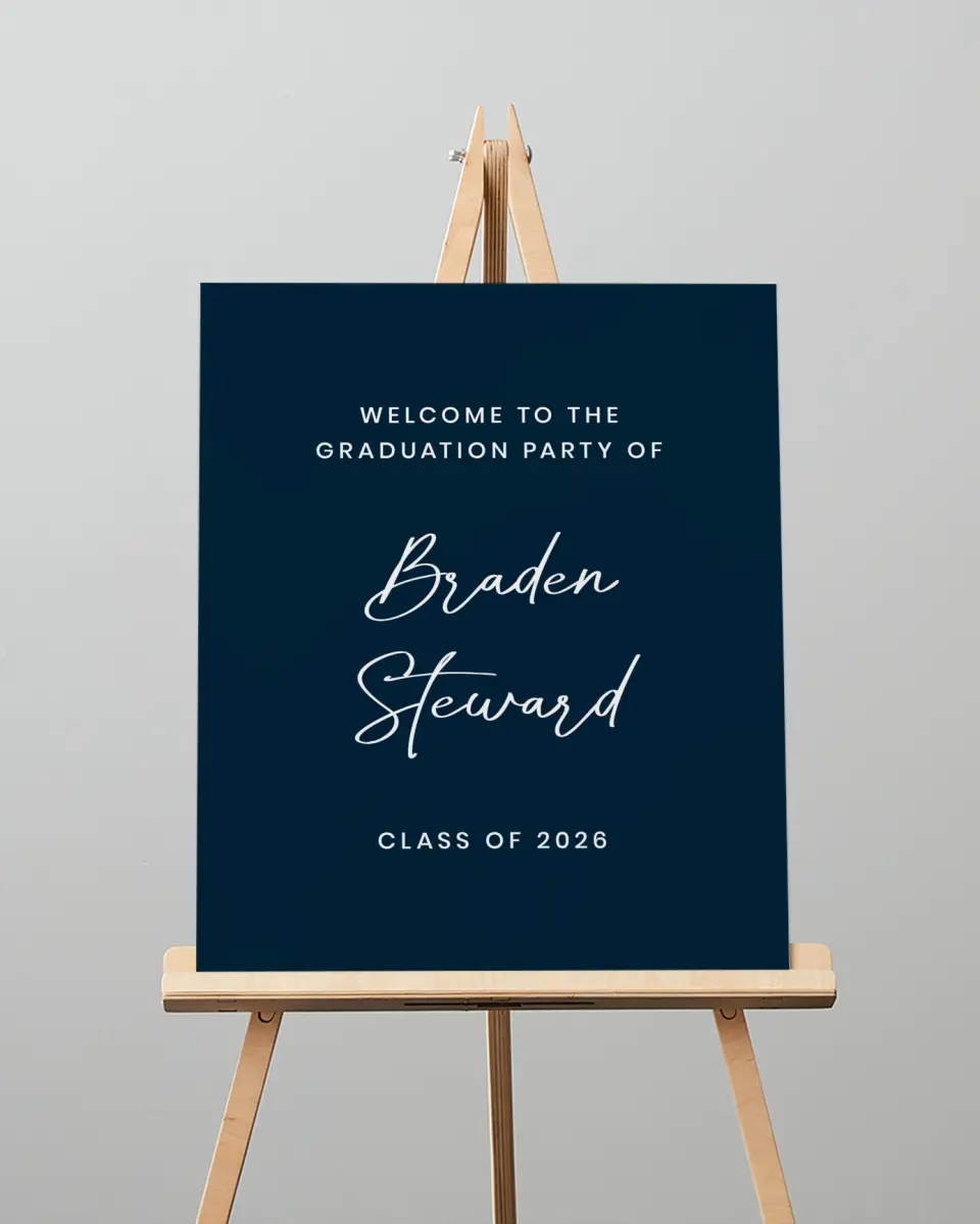 This is a 16" x 20" Welcome Grad Sign called Sporty Grad printed in full color with Silver foil