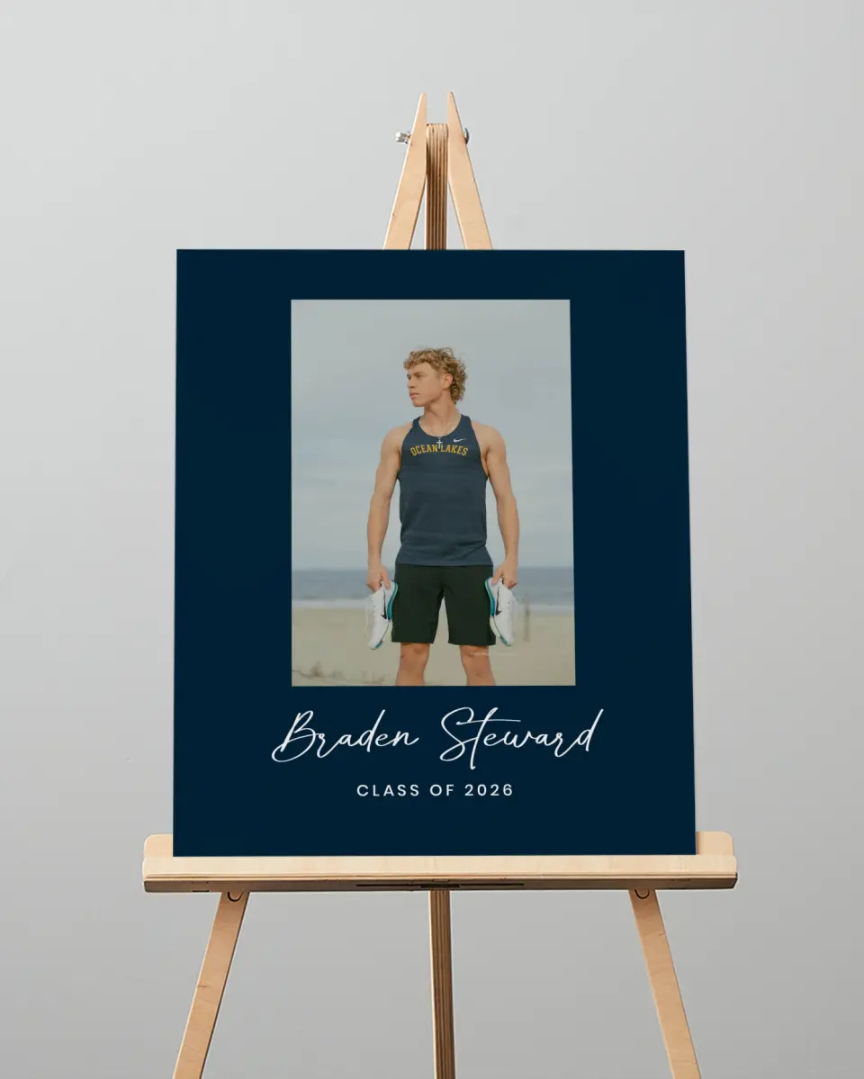This is a 16" x 20" Welcome Grad Sign called Sporty Grad printed in full color
