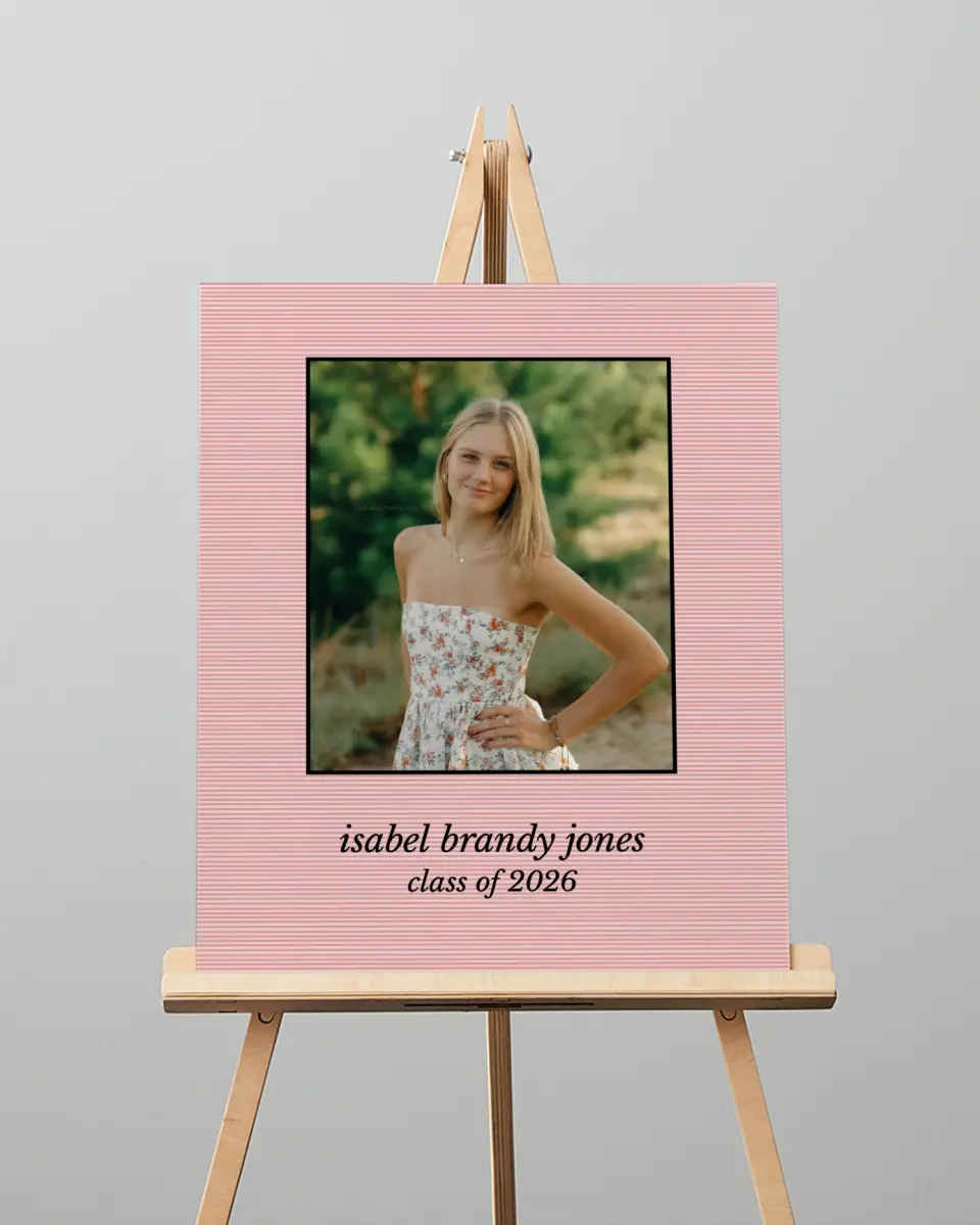 This is a 16" x 20" Welcome Grad Sign called Snapshot Graduate printed in full color with Gold foil