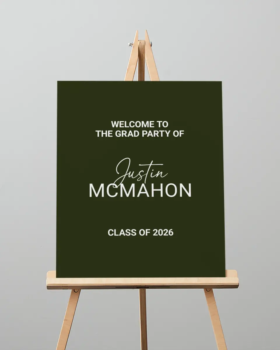 This is a 16" x 20" Welcome Grad Sign called Forward Bound printed in full color with Silver foil