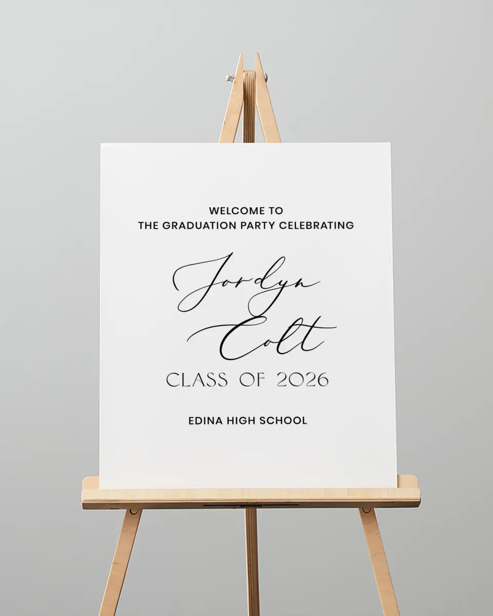 This is a 16" x 20" Welcome Grad Sign called Refined Moment printed in full color with Silver foil