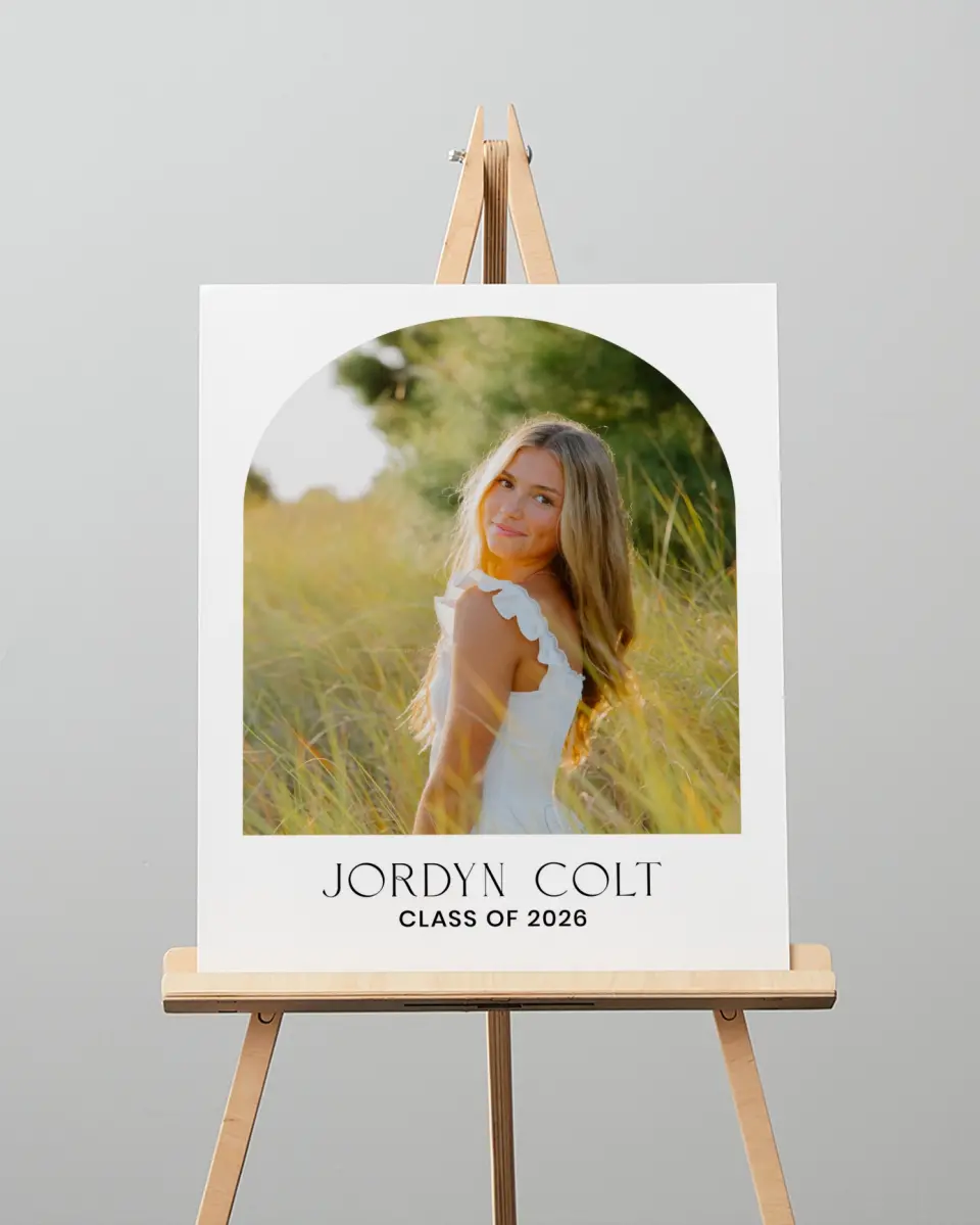 This is a 16" x 20" Welcome Grad Sign called Refined Moment printed in full color