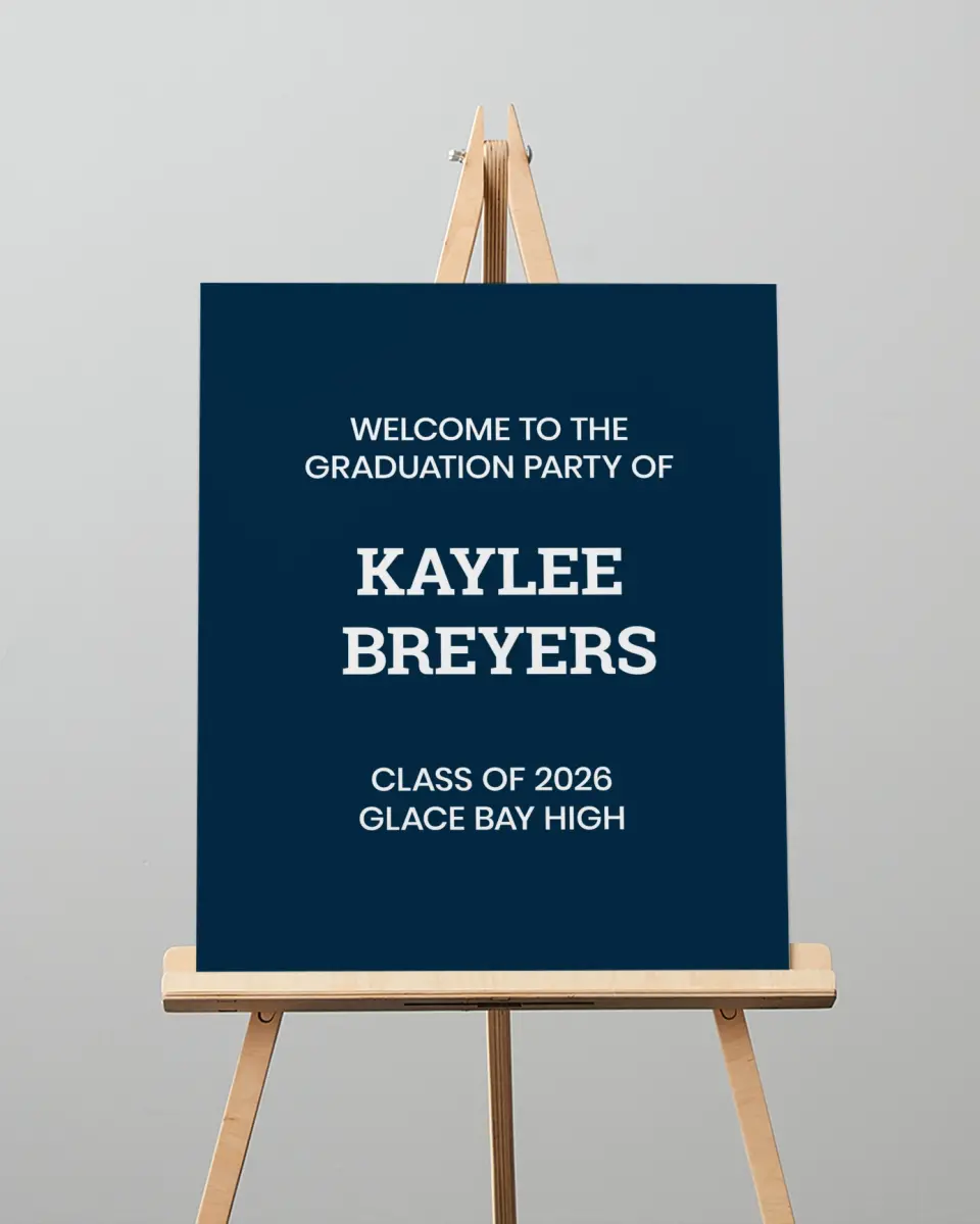 This is a 16" x 20" Welcome Grad Sign called Sports Graduate printed in full color with Silver foil