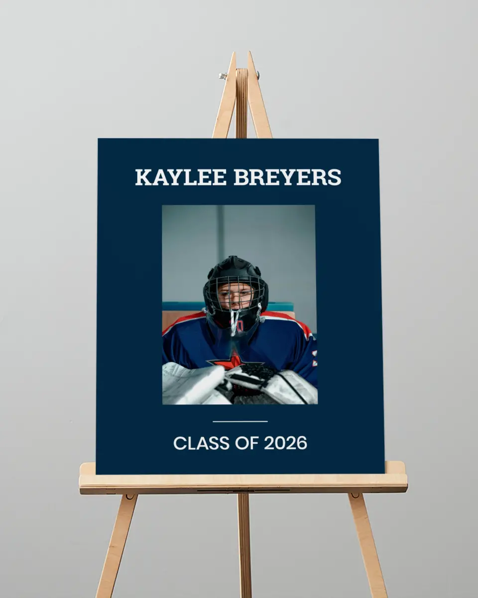 This is a 16" x 20" Welcome Grad Sign called Sports Graduate printed in full color