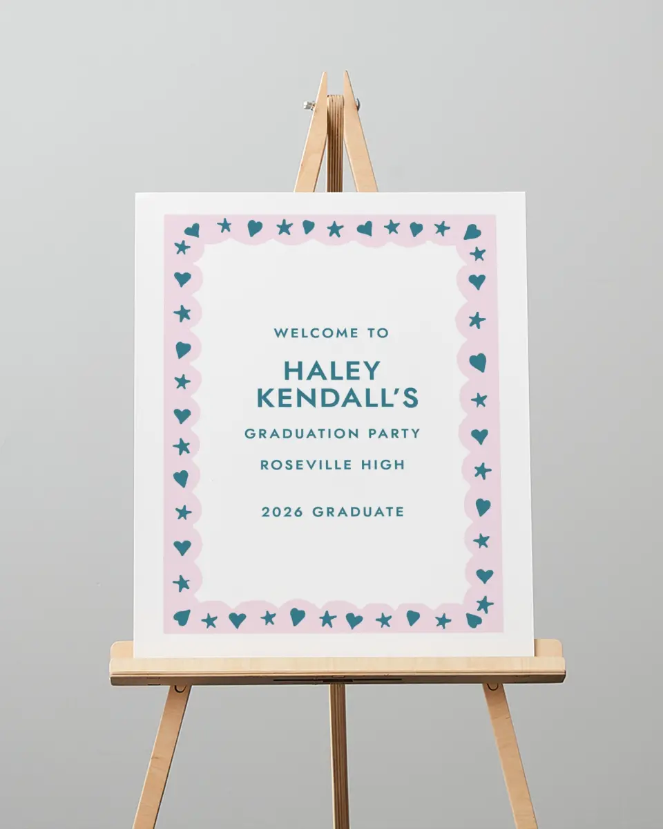 This is a 16" x 20" Welcome Grad Sign called Fun Grad printed in full color with Silver foil