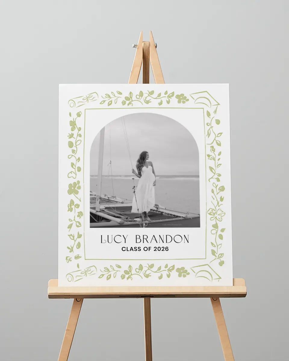 This is a 16" x 20" Welcome Grad Sign called Hand-drawn Grad printed in full color