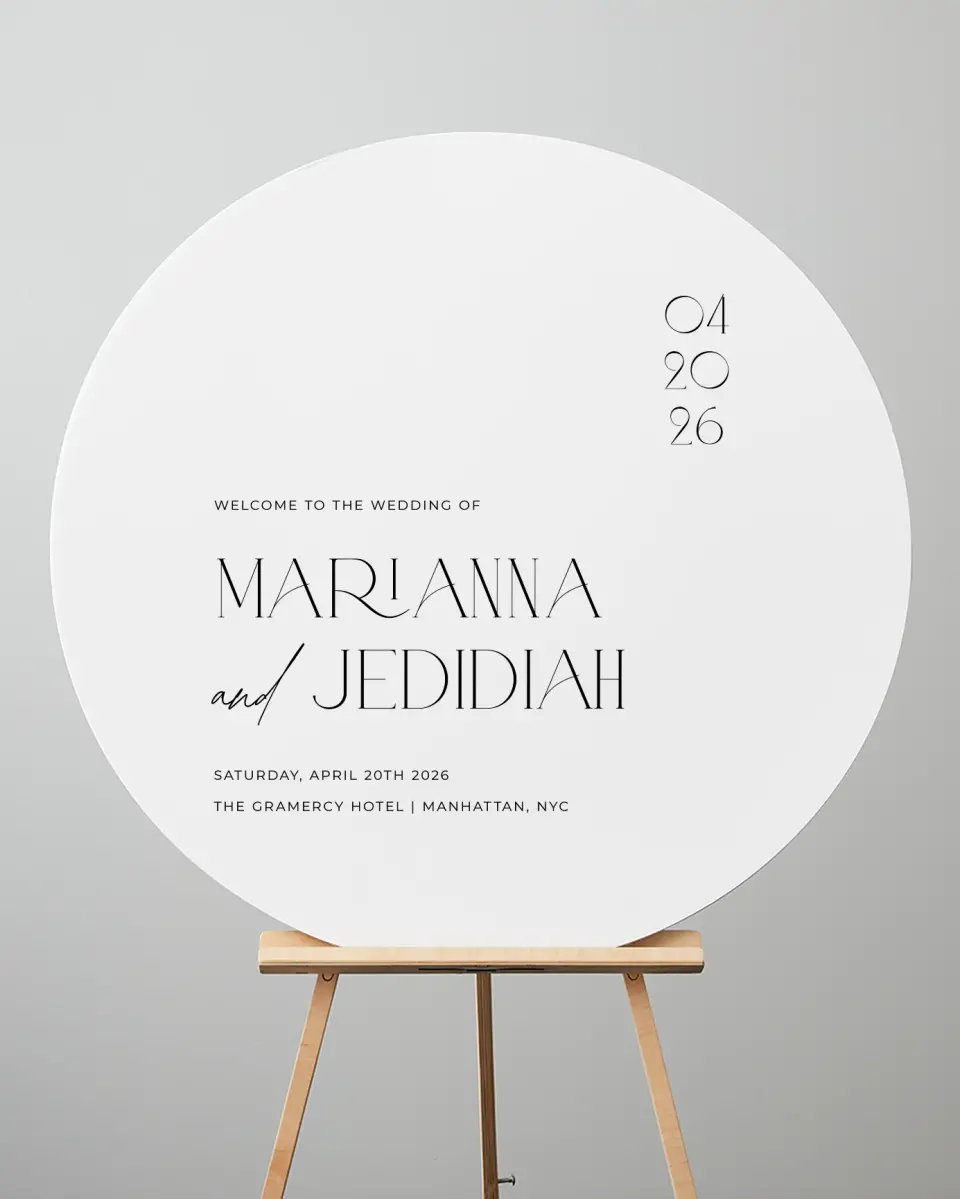 This is a 36" x 36" Circle Welcome Sign called Blissful Vows printed in full color