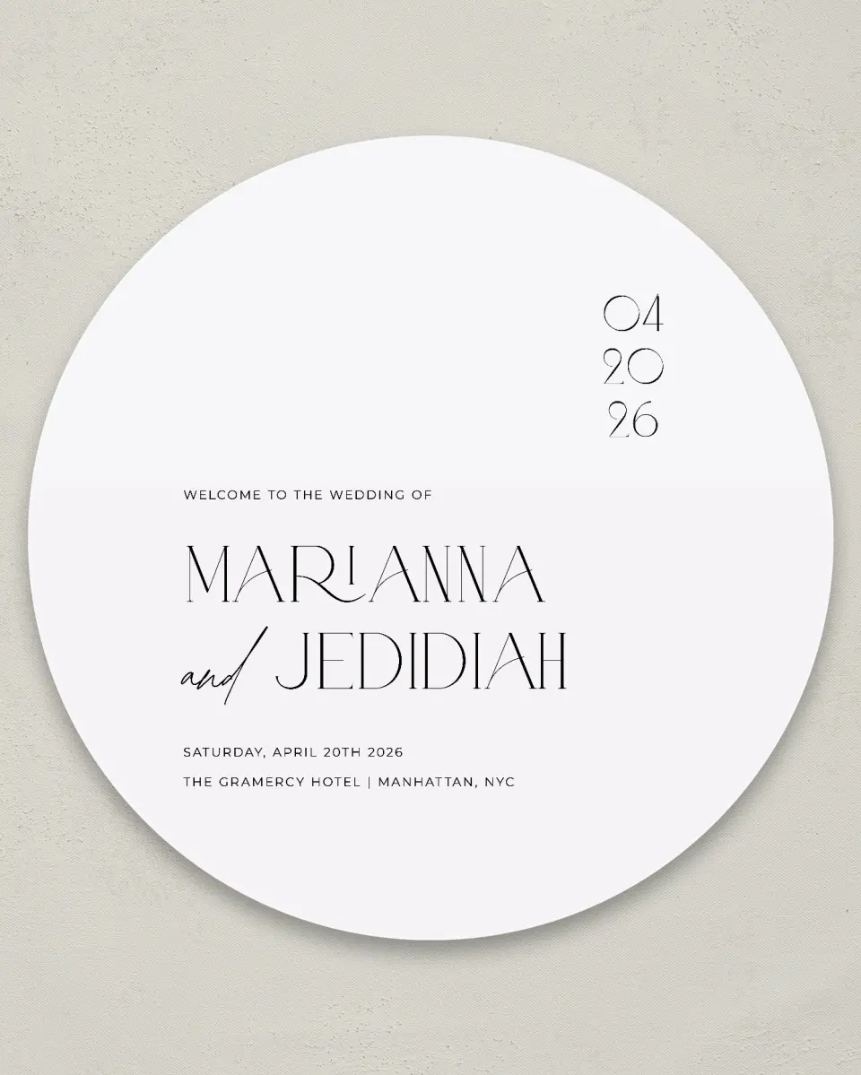 This is a 36" x 36" Circle Welcome Sign called Blissful Vows printed in full color