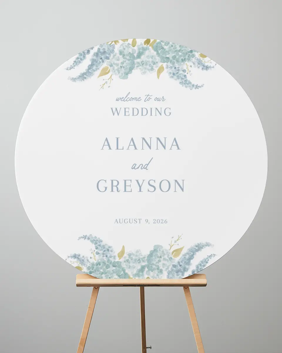 This is a 36" x 36" Circle Welcome Sign called Dashing Delphinium printed in full color