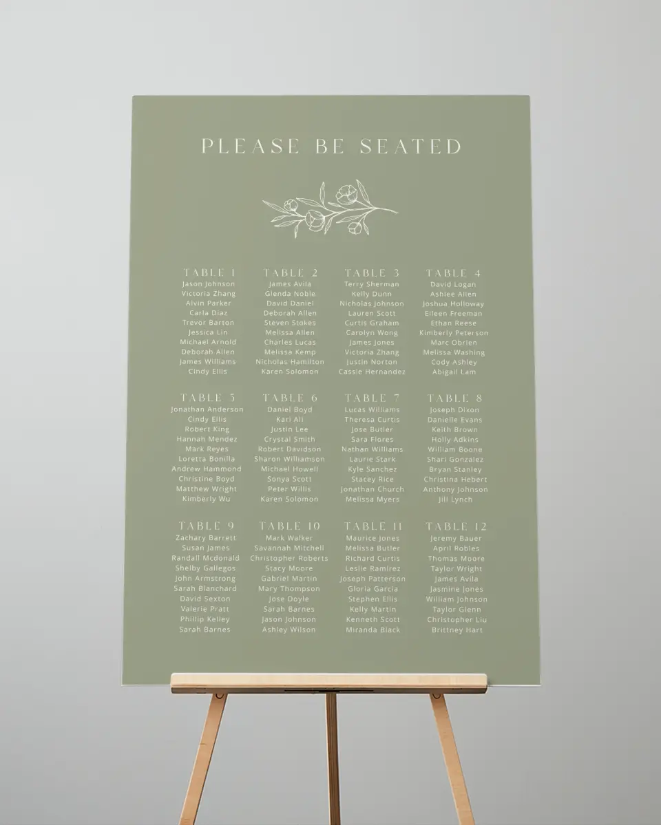 This is a 24" x 36" Seating Chart Sign called The Jasmine printed in full color