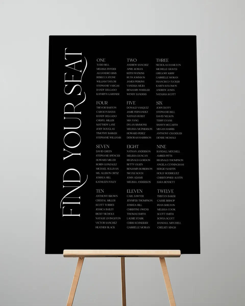This is a 24" x 36" Seating Chart Sign called The Lucy printed in full color