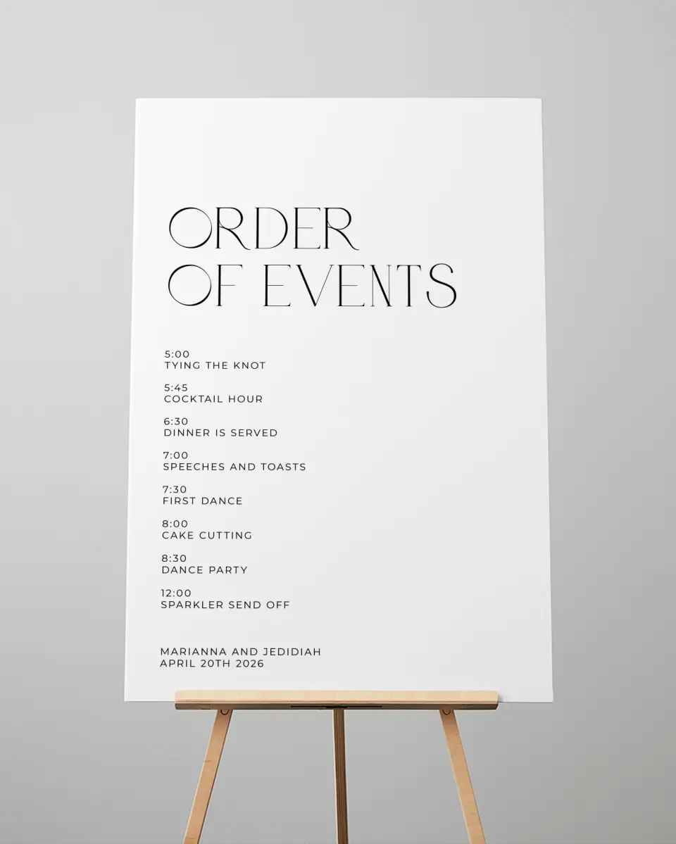 This is a 24" x 36" Schedule Sign called Blissful Vows printed in full color