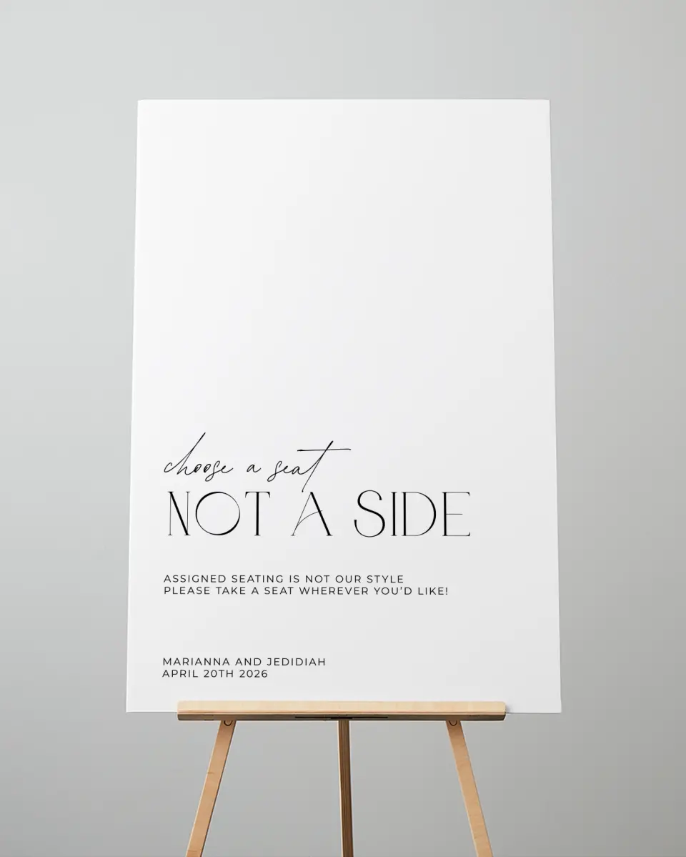 This is a 24" x 36" Pick a Seat Sign called Blissful Vows printed in full color