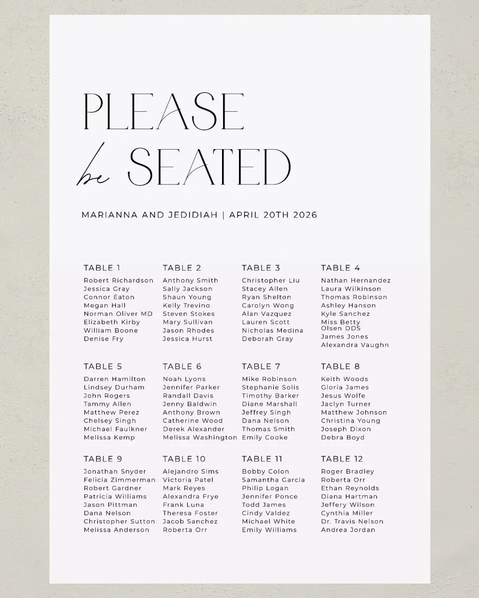 This is a 24" x 36" Seating Chart Sign called Blissful Vows printed in full color