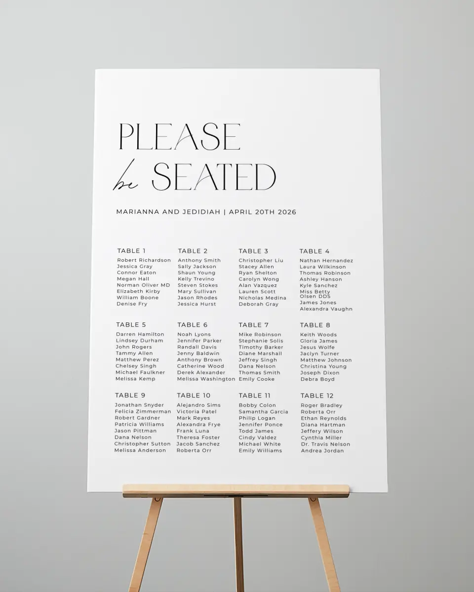 This is a 24" x 36" Seating Chart Sign called Blissful Vows printed in full color