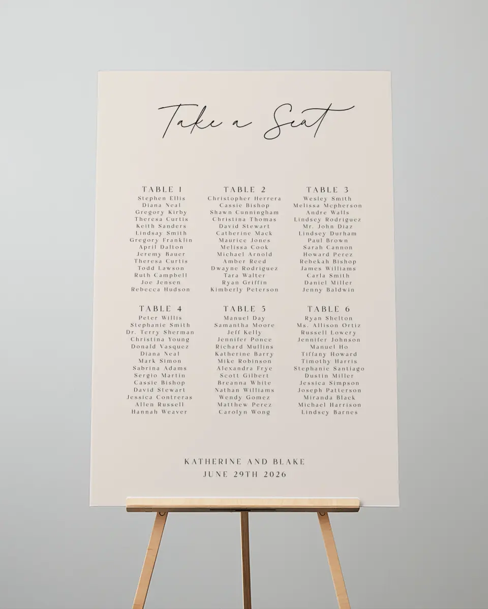 This is a 24" x 36" Seating Chart Sign called Simple Elegance printed in full color