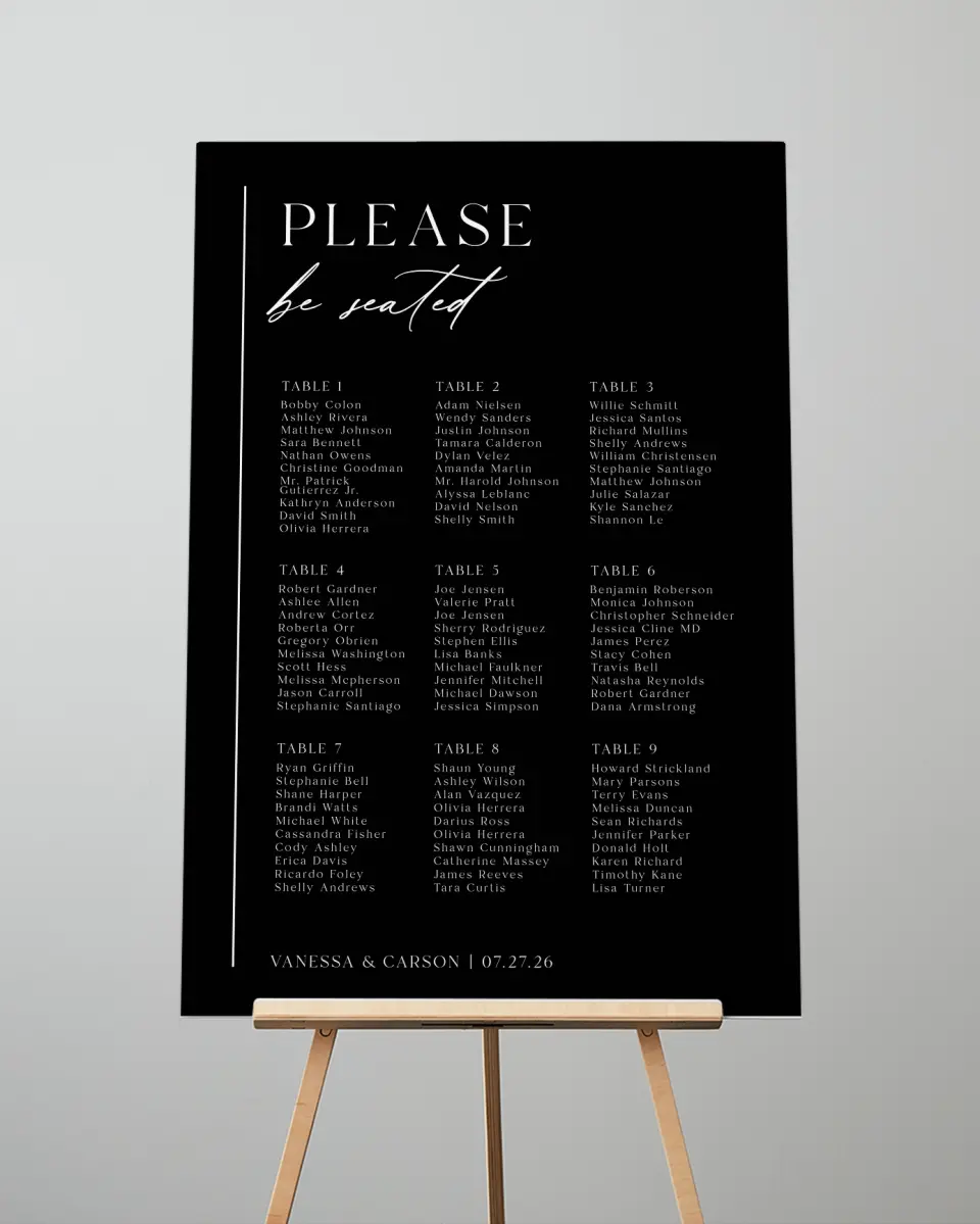 This is a 24" x 36" Seating Chart Sign called Endless Love printed in full color