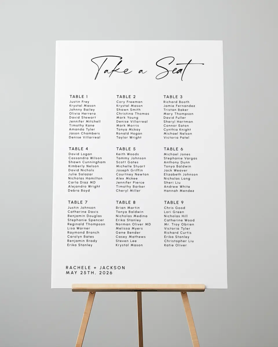 This is a 24" x 36" Seating Chart Sign called Modern Simplicity printed in full color