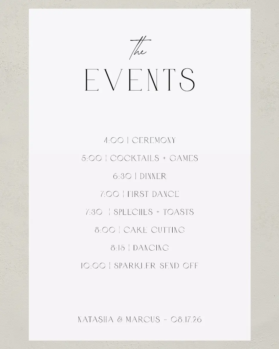 This is a 24" x 36" Schedule Sign called Understated Elegance printed in full color