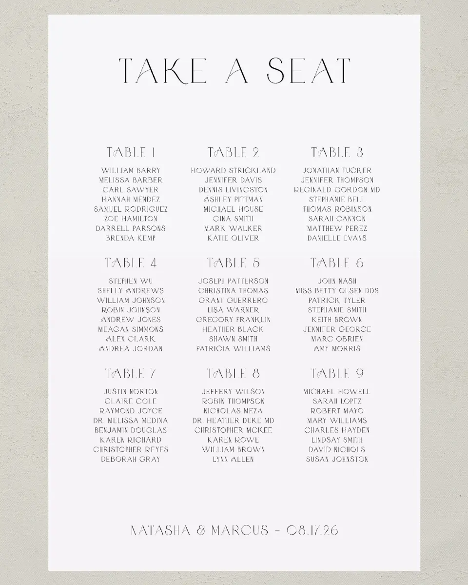 This is a 24" x 36" Seating Chart Sign called Understated Elegance printed in full color