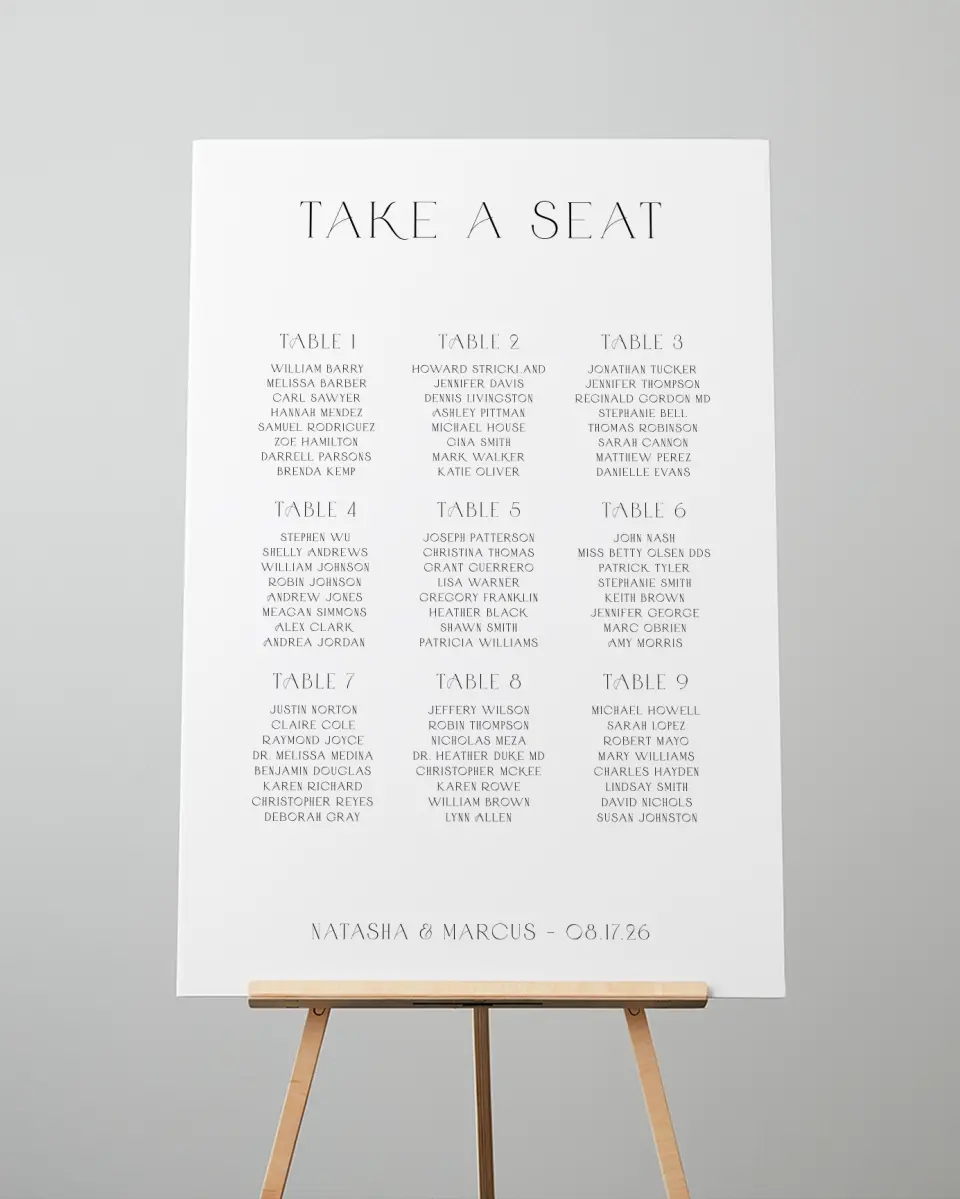 This is a 24" x 36" Seating Chart Sign called Understated Elegance printed in full color