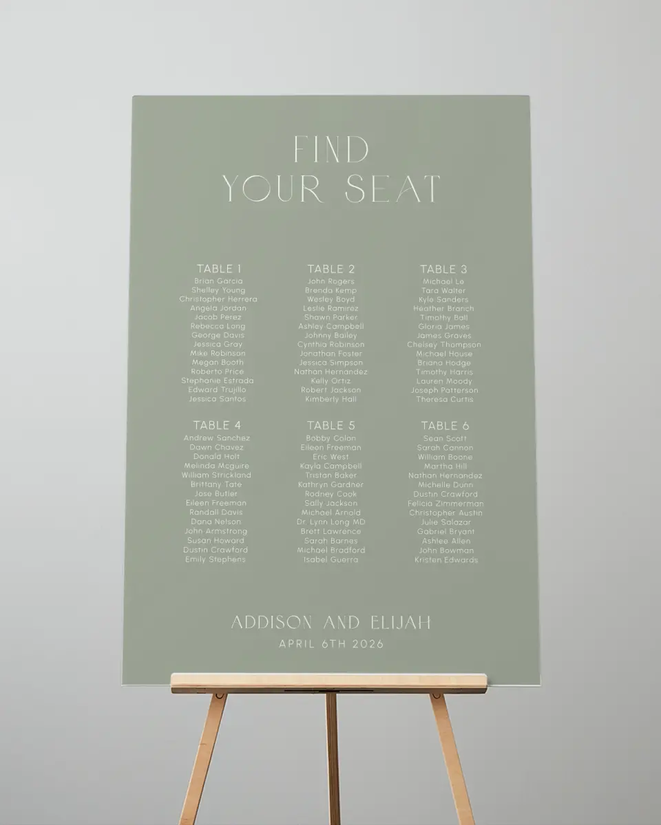 This is a 24" x 36" Seating Chart Sign called Modern Monogram printed in full color