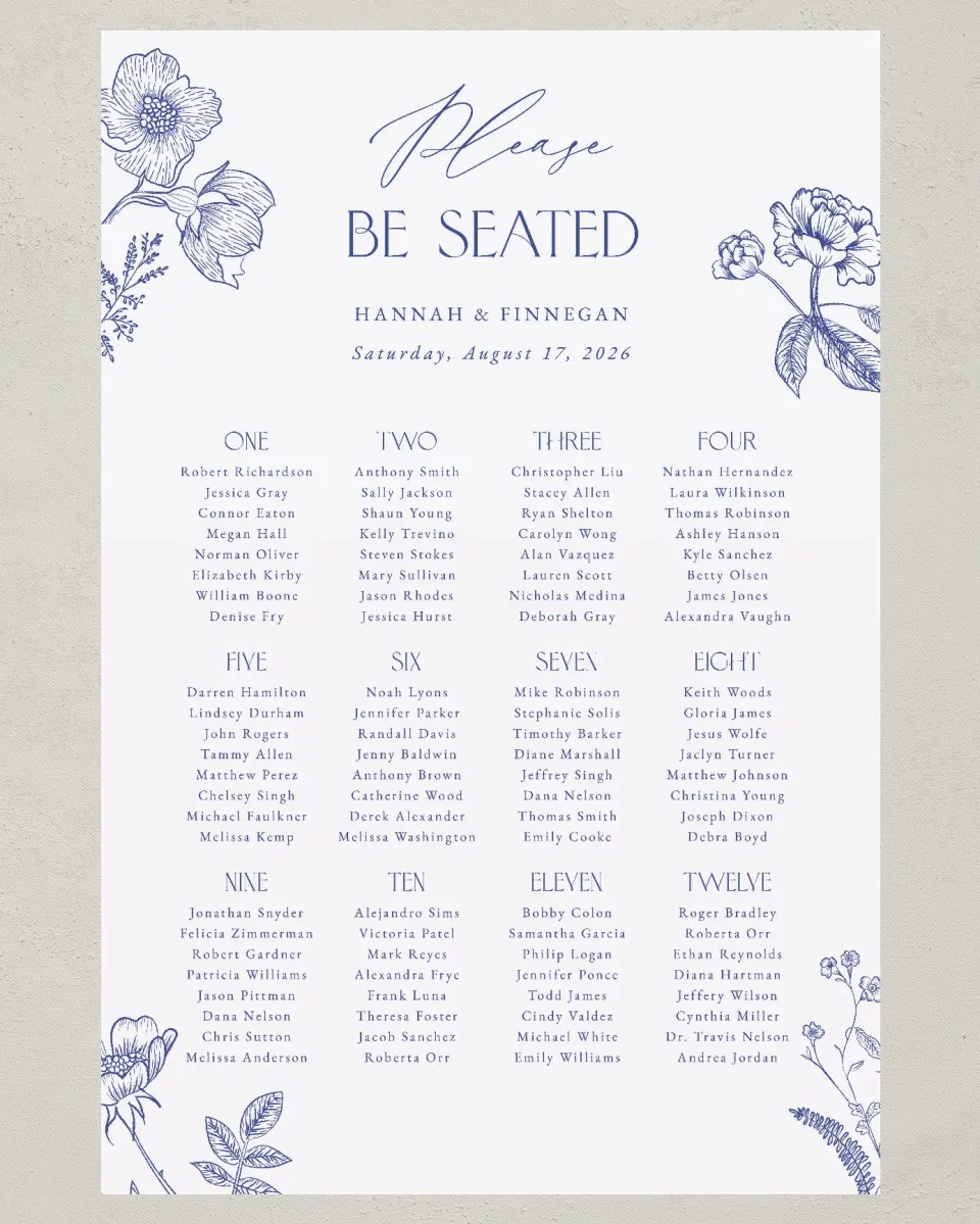 This is a 24" x 36" Seating Chart Sign called Modern Chinoiserie printed in full color