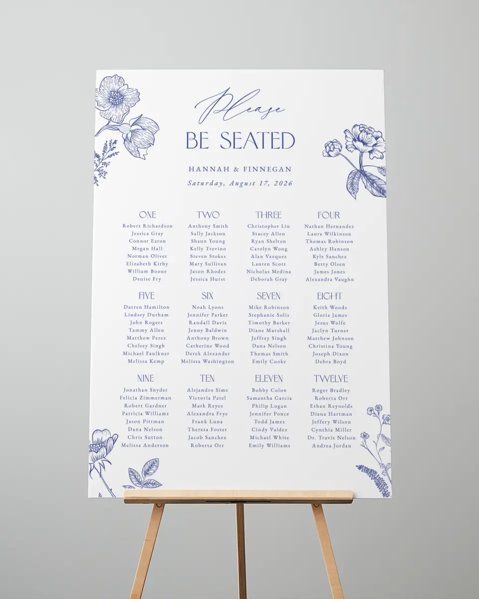 This is a 24" x 36" Seating Chart Sign called Modern Chinoiserie printed in full color