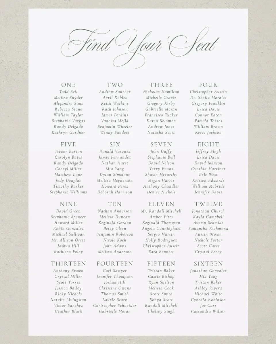 This is a 24" x 36" Seating Chart Sign called Elegant Frame printed in full color