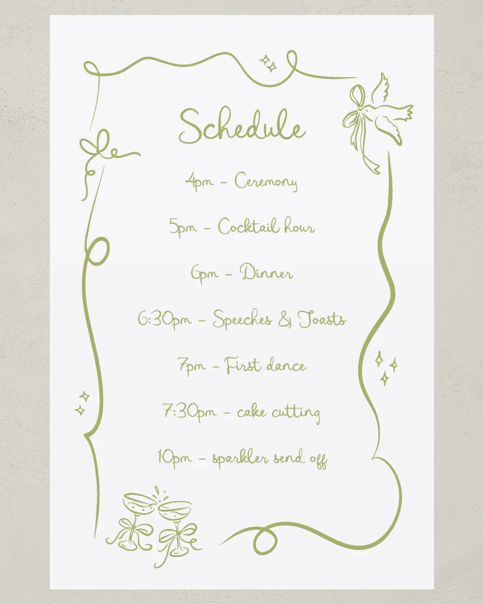 This is a 24" x 36" Schedule Sign called Wedding Whimsy printed in full color