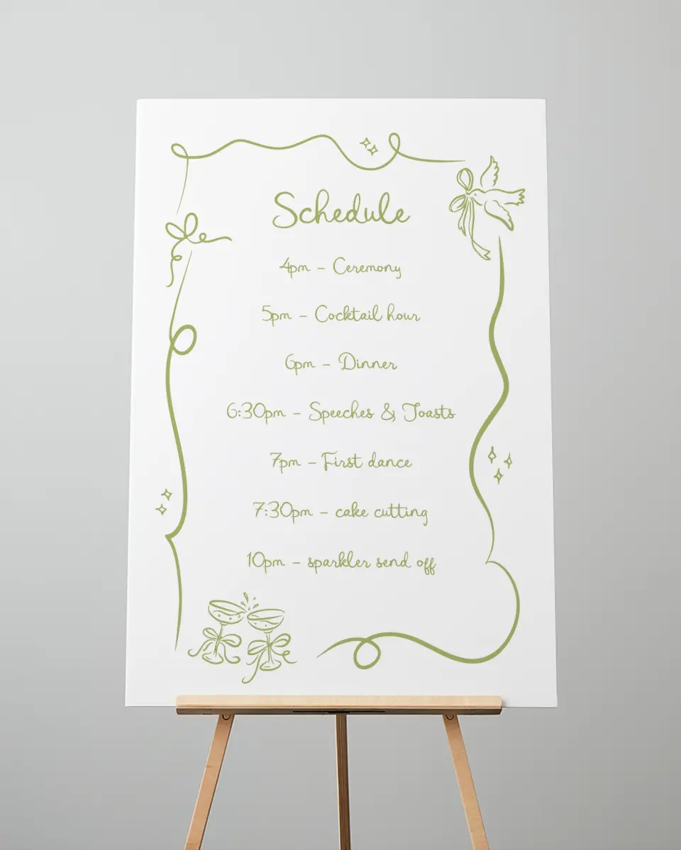 This is a 24" x 36" Schedule Sign called Wedding Whimsy printed in full color