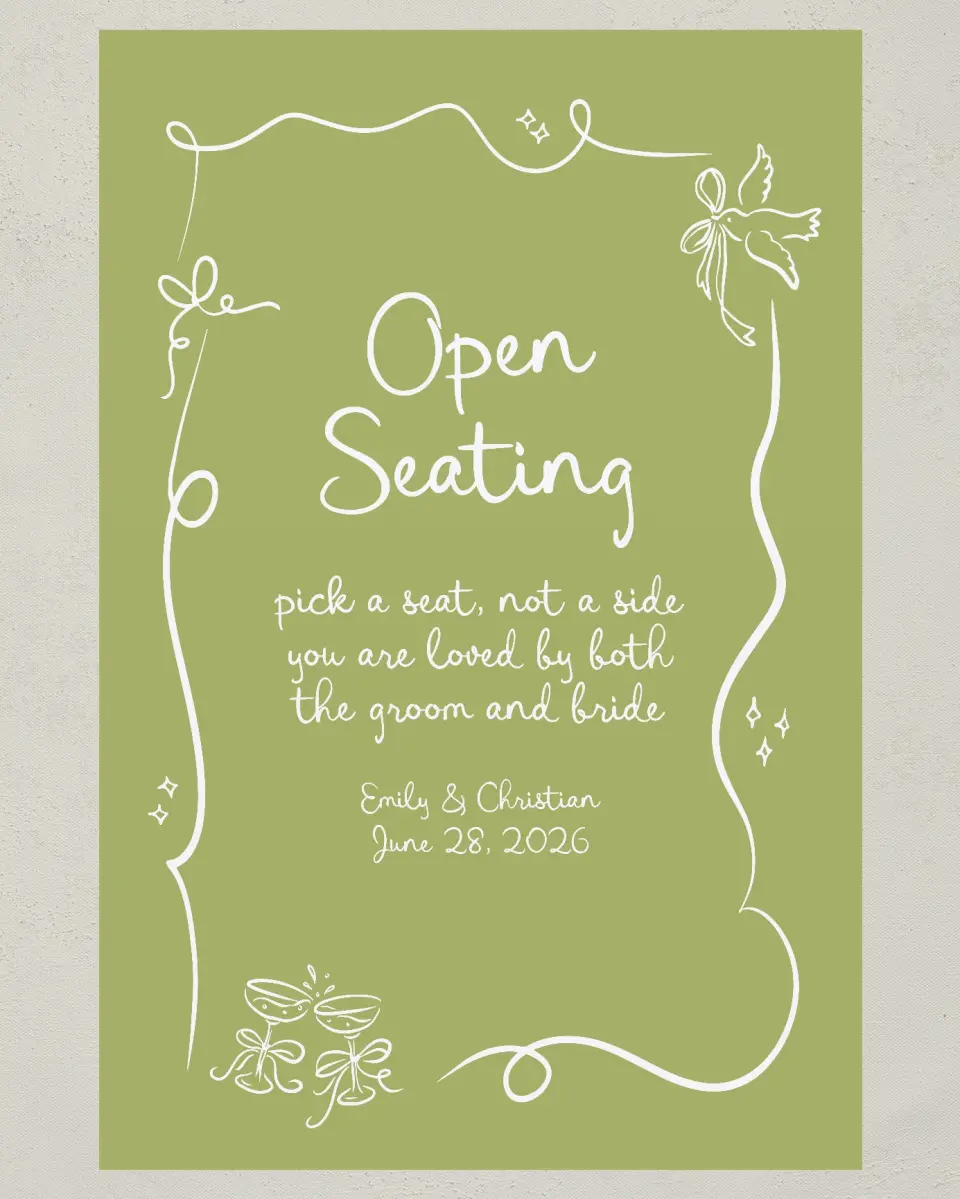 This is a 24" x 36" Pick a Seat Sign called Wedding Whimsy printed in full color